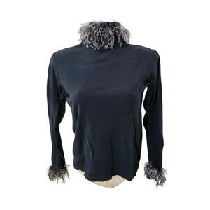 Vintage Women’s Black Turtleneck Top w/ Fringe One Size 90s Artsy Long Sleeve